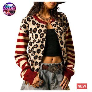 Leopard Print Cardigan Button Down Long Sleeve Knitted Sweater Y2K Chic